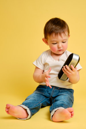 Toddler baby plays with a wireless music speaker on a studio yellow background. Happy child in a white t-shirt and blue jeans listens to music in an audio speaker. Kid aged one year four monthsの写真素材