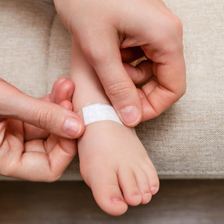 Mother woman sticks a medical adhesive plaster on the toddler baby leg. Mom's hand with sticky wound protection tape and child's foot. Kid aged one year and three monthsの写真素材
