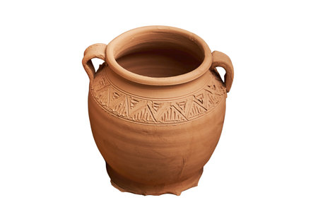 Handmade vintage ceramic tableware according to medieval technologies, isolated on a white background. Reconstruction of the events of the Middle Ages in Europe.の写真素材