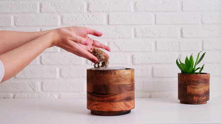 Woman gardener pours moss sphagnum for planting houseplant in a pot, home interior. Female hands...