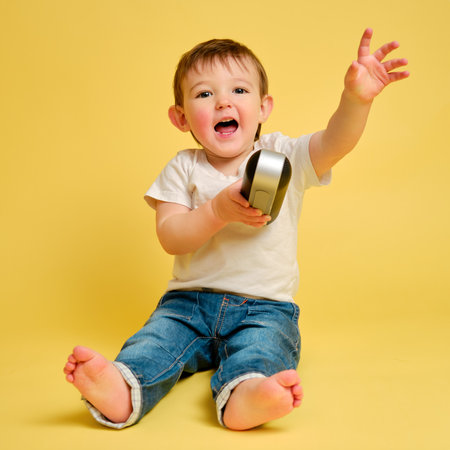 Toddler baby plays with a wireless music speaker on a studio yellow background. Happy child in a white t-shirt and blue jeans listens to music in an audio speaker. Kid aged one year four monthsの写真素材
