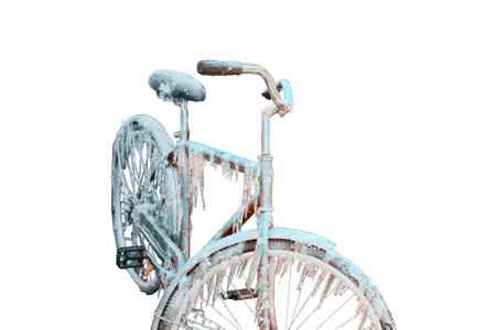 Frozen snowy bike, isolated on a white backgroundの写真素材