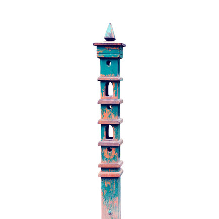 Pole with a feeder for birds and squirrels in the forest, isolated on a white background. Vertical retro feeder in the parkの写真素材