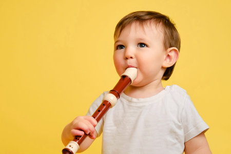 Toddler baby plays the flute, a child with a wind musical instrument on a studio yellow background. Happy child musician playing block flute. Kid is a boy aged one year four monthsの写真素材