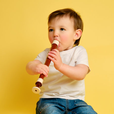 Toddler baby plays the flute, a child with a wind musical instrument on a studio yellow background. Happy child musician playing block flute. Kid is a boy aged one year four monthsの写真素材