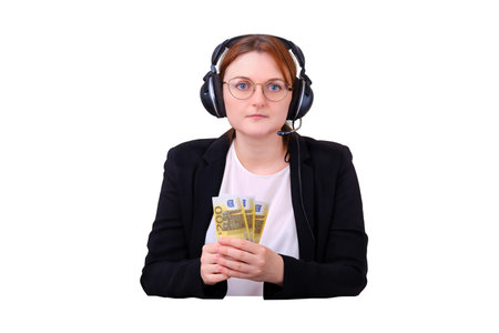 Businesswoman with euro money in her hands during an online video call via the Internet, isolated on...