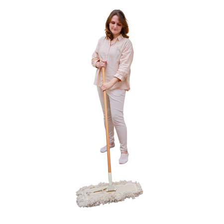 An adult woman mops a wooden laminate floor while cleaning her home living room, isolated on a white...