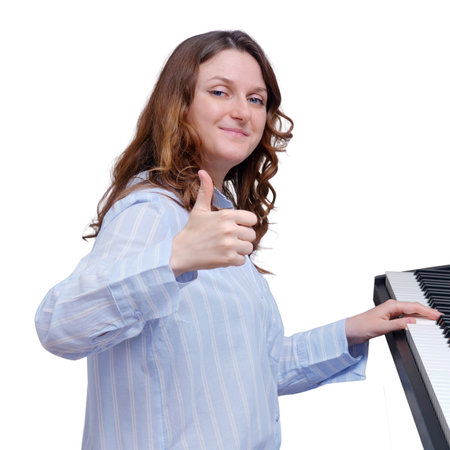 Portrait of an adult female musician in blue clothes, isolated on a white backgroundの写真素材