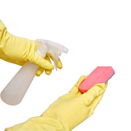 Cleaning in yellow gloves with a rag, isolated on a white background