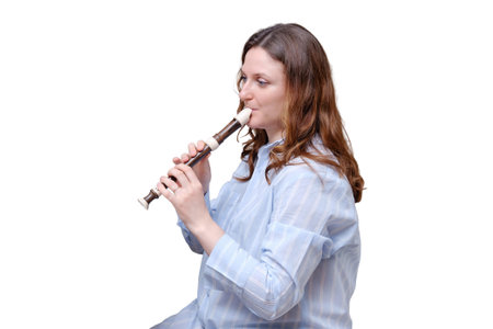 Portrait of an adult female musician in blue clothes, isolated on a white background
