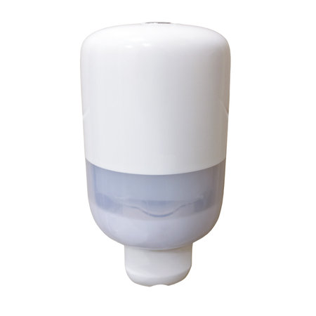 Soap dispenser on the tiled wall in the toilet, isolated on a white background. Hand wash on beige background. White dispenser with liquid soap on the wall with tiles in the bathroom.の写真素材