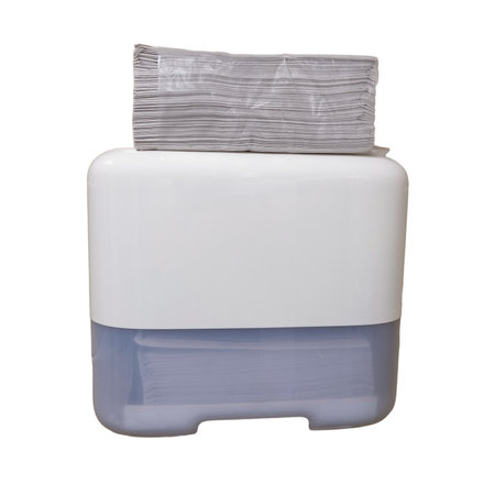 Holder or dispenser for paper towels on the wall tiles in a public toilet, isolated on a white background. Paper towel dispenser on the wall in the bathroomの写真素材
