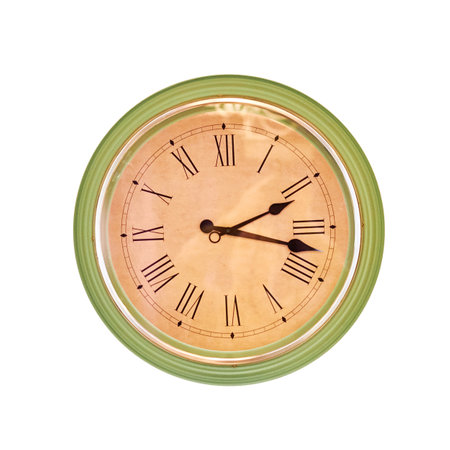 Wall clock isolated on a white background. Green and beige color of the clock with Roman numerals.の写真素材
