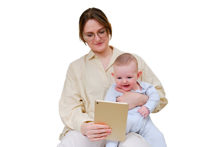 Happy woman mother with infant baby watching in digital tablet while sitting on home sofa in living room, isolated on a white background. Kid aged six monthsの写真素材
