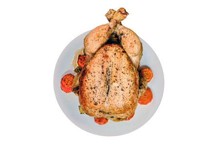 Whole grilled with carrot chicken on a plate, isolated on a white background. Festive dinner with meat bird, isolated on a white background. Fried juicy chickenの写真素材