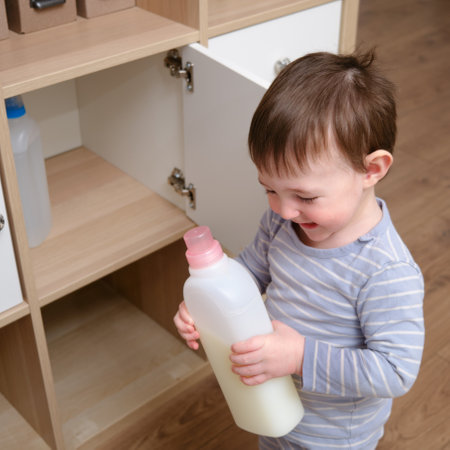 Toddler baby plays with household chemicals and detergent from the closet. Child boy with detergent bottle in home living room. Kid age one year nine monthsの写真素材