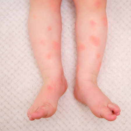 Toddler baby skin care, allergies and dermatitis. Red spots of allergy and atopic dermatitis on the child skin. Kid aged one year eight monthsの写真素材