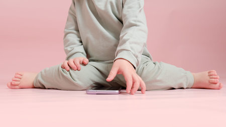 Happy toddler baby with mobile phone on studio pink background. Child boy holding a smartphone in...