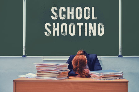 Text school shooting on the blackboard and sad teacher in the classroom. Problems with violence and gun shooting during school educationの写真素材