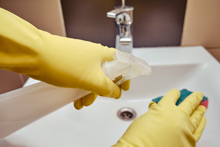 Cleaning in the public toilet of the restaurant a man hand in yellow gloves wipes the sink with a spongeの写真素材