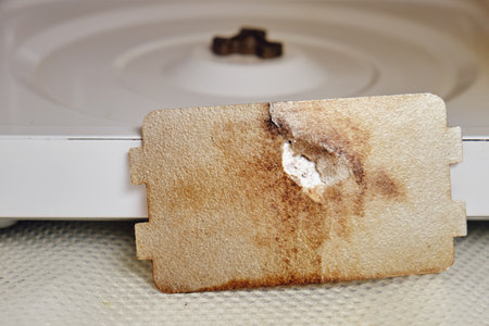 Repair of a sparkling microwave by replacing the mica plate. Broken microwave with self replacement burnt mica sheetの写真素材