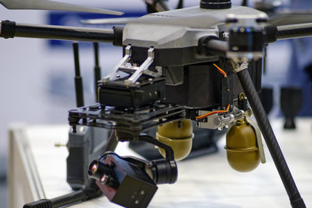 A drone equipped with hand grenades to eliminate enemy troops and military objectives.の写真素材