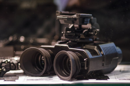 Black army binoculars, close-up opticsの写真素材