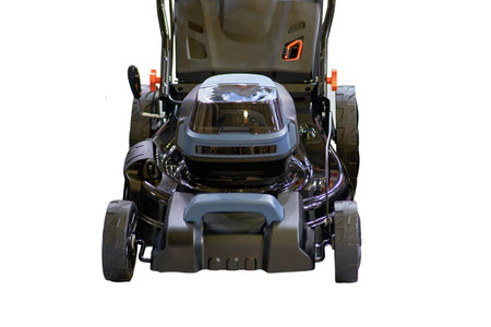 Lawn mowers in the store, sale of garden equipment in the market, isolated on white backgroundの写真素材