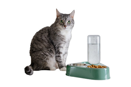Gray senior cat eats dry food from a green bowl against a white brick wall, isolated on white background. An adult pet with green eyes at a plate of cat food. Ten years old petの写真素材