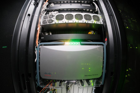Moscow / Russia - 03 30 2019: Cisco Nexus 7000 series switch. Device for local network and access to the Internet. A multilevel secure LAN. Switching system for data processing and data storage.のeditorial素材