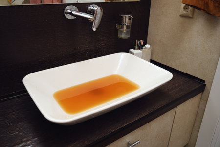 The rusty water gushes out of the faucet, making the sink wet and dirty. The unclean water flowing from the rusty faucet in the bathroom is unfit for use.の写真素材