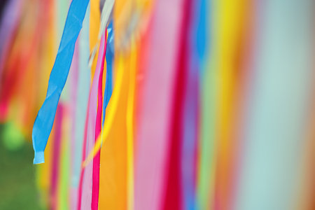 A row of colorful ribbons hang and sway in the wind, creating a vibrant scene in natureの写真素材
