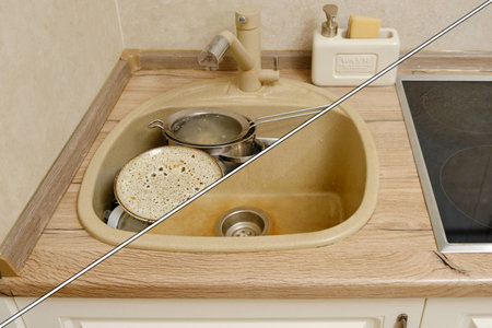 Empty and cluttered kitchen sink, before and after washing dirty dishesの写真素材