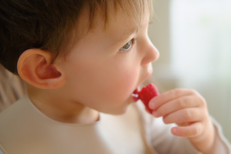 The little baby boy eating raspberry while sitting at the homeの写真素材
