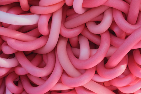 Red rubber bands as a background, close-up, top view