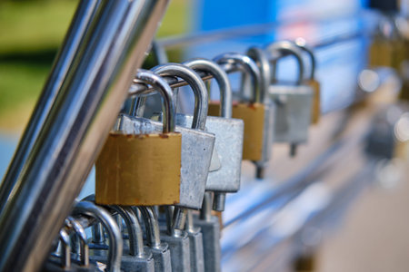 Padlocks on the railing of a shopping center, close-up