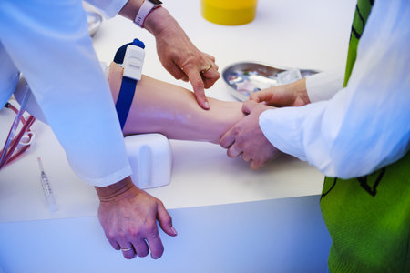 Physiotherapist examining a training dummy hand in a medical office