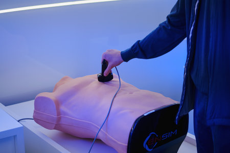 Conducting an ultrasound examination on a training dummy ENSIM for teaching medicine - Moscow, Russia, August 30, 2023のeditorial素材