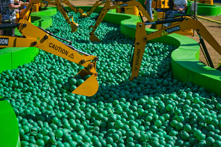 Training to work on a toy excavator, practice for children when choosing a profession. Many green plastic balls in the parkの写真素材