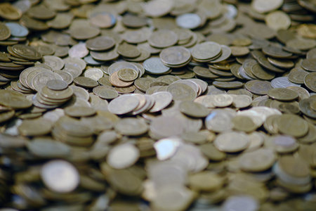 Coins ussr on the table. Rubles on the table. Money backgroundの写真素材