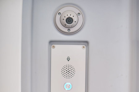 Intercom for passengers with train driver and CCTV camera. Security camera on the wall of a...