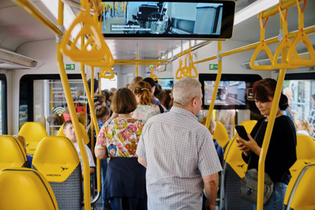 People inside a train. Rear view of people inside a bus - Moscow, Russia, August 30, 2023のeditorial素材