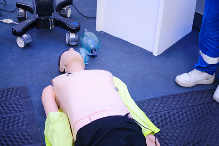 First aid training - CPR on a mannequin. Resuscitation to a training dummy in the emergency roomの写真素材