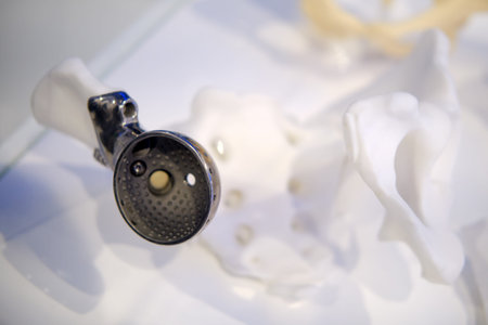 The artificial hip joint prosthesis allows individuals with hip disabilities to walk and run,...