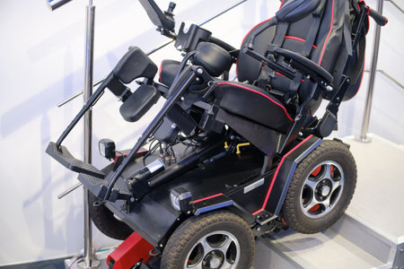 Close up of an electric wheelchair. Wheelchair for disabled peopleの写真素材