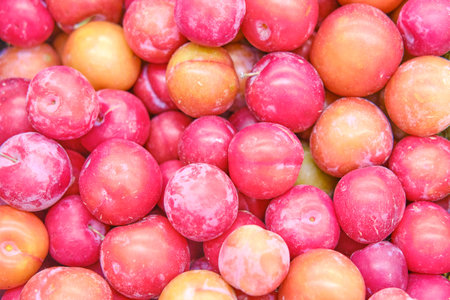Plums on display at the farmers market, backgroundの写真素材