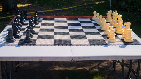 Black and white chess pieces on a chessboard in the garden.