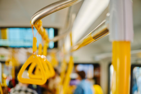 Interior of a modern bus with blurred people in the background.の写真素材