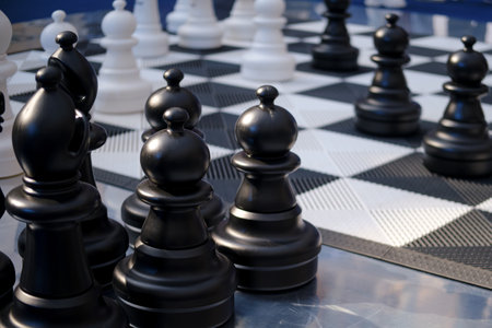 Chess large pieces on a chessboard. Big black and white figures on a chessboardの写真素材