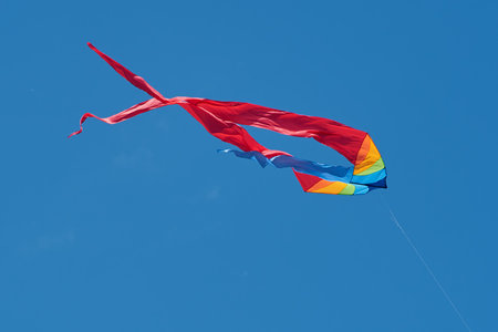 An outdoor kite flying festival. Kites are launched into the blue skyの写真素材